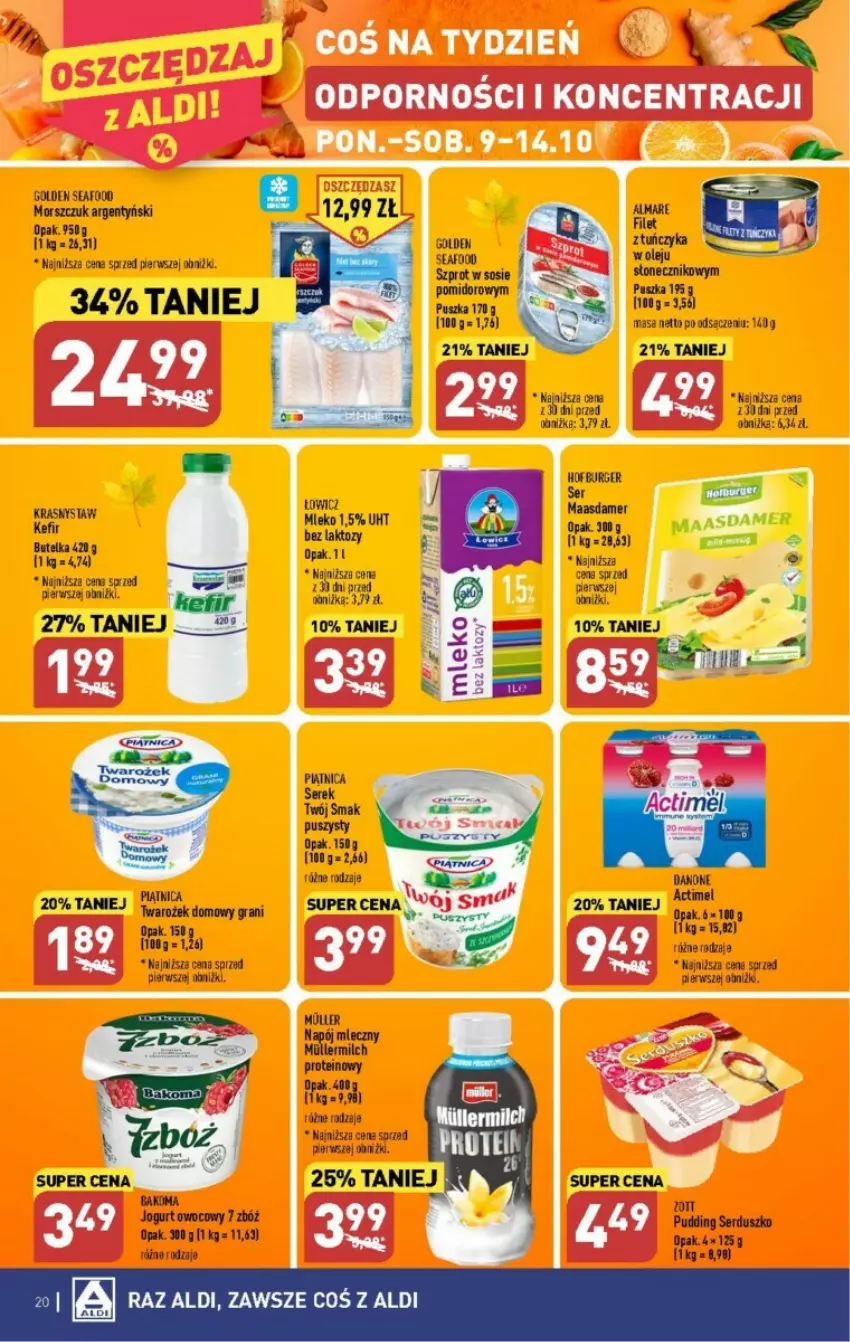 Gazetka promocyjna Aldi - ważna 09.10 do 14.10.2023 - strona 13 - produkty: Bakoma, Burger, Danone, Golden Seafood, Gra, Hofburger, Jogurt, Jogurt owocowy, Kefir, LG, Maasdam, Mleko, Napój, Napój mleczny, Noż, Piątnica, Por, Pudding, Ser, Serek, Sos, Szprot, Szprot w sosie, Twój Smak