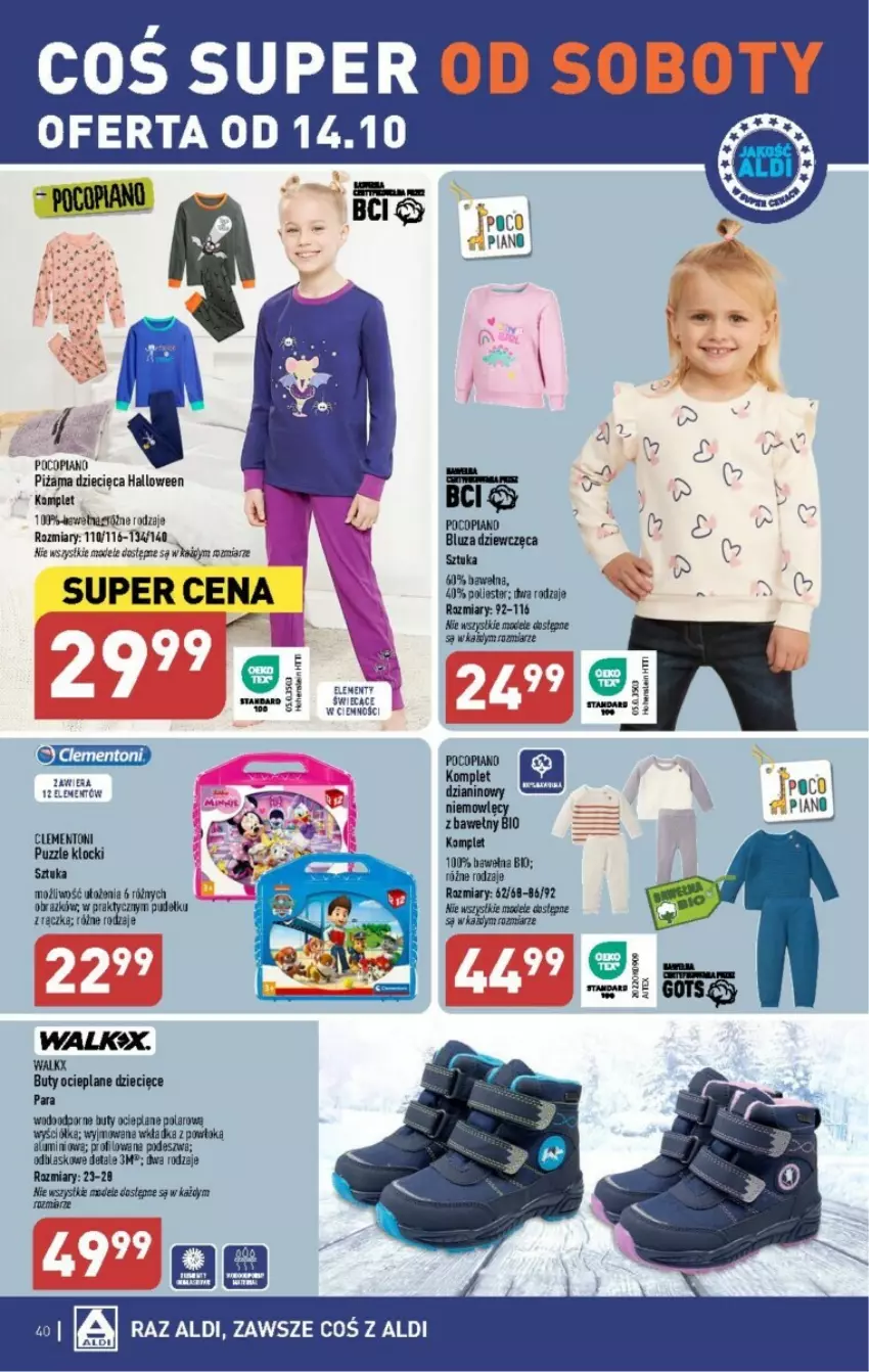 Gazetka promocyjna Aldi - ważna 09.10 do 14.10.2023 - strona 35 - produkty: Buty, Dzieci, Klocki, Obraz, Piżama, Pocopiano, Por, Puzzle, Wełna