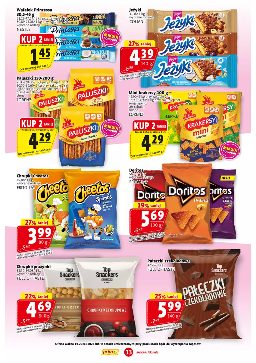 Gazetka promocyjna Prim Market - ważna 14.03 do 20.03.2024 - strona 13 - produkty: Cebula, Cheetos, Chrupki, Jeżyki, Kokos, Krakersy, Lajkonik, Lorenz, Princessa, Ser, Wafelek