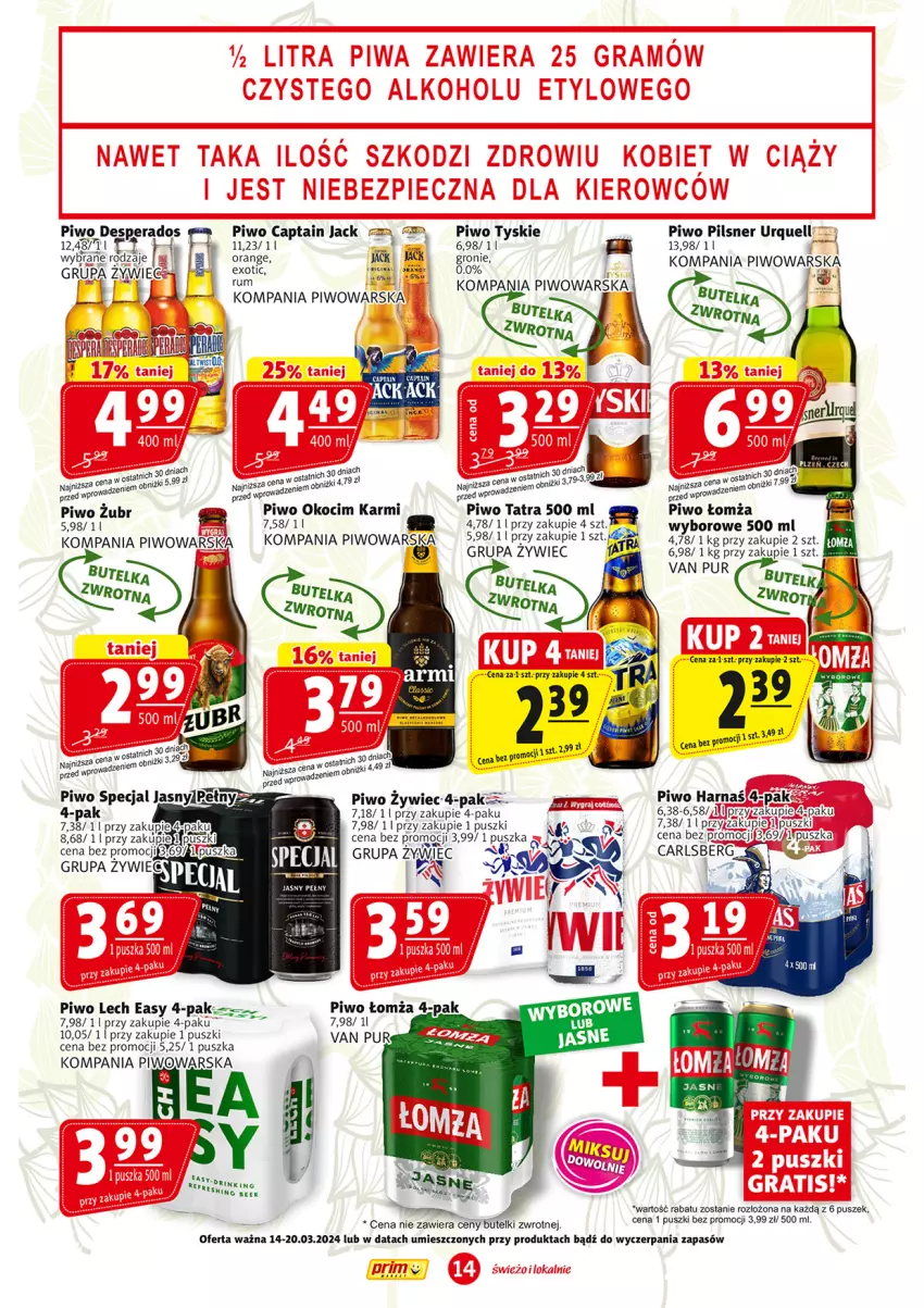 Gazetka promocyjna Prim Market - ważna 14.03 do 20.03.2024 - strona 14 - produkty: Captain Jack, Carlsberg, Desperados, Harnaś, Koc, Okocim, Pilsner Urquell, Piwo, Pur, Rum, Tatra, Tyskie