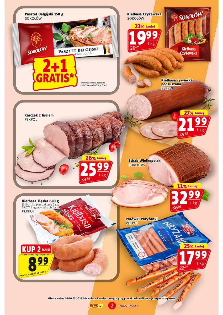 Gazetka promocyjna Prim Market - ważna 14.03 do 20.03.2024 - strona 2 - produkty: Kiełbasa, Kiełbasa śląska, LG, Pasztet, Pekpol, Sok, Sokołów