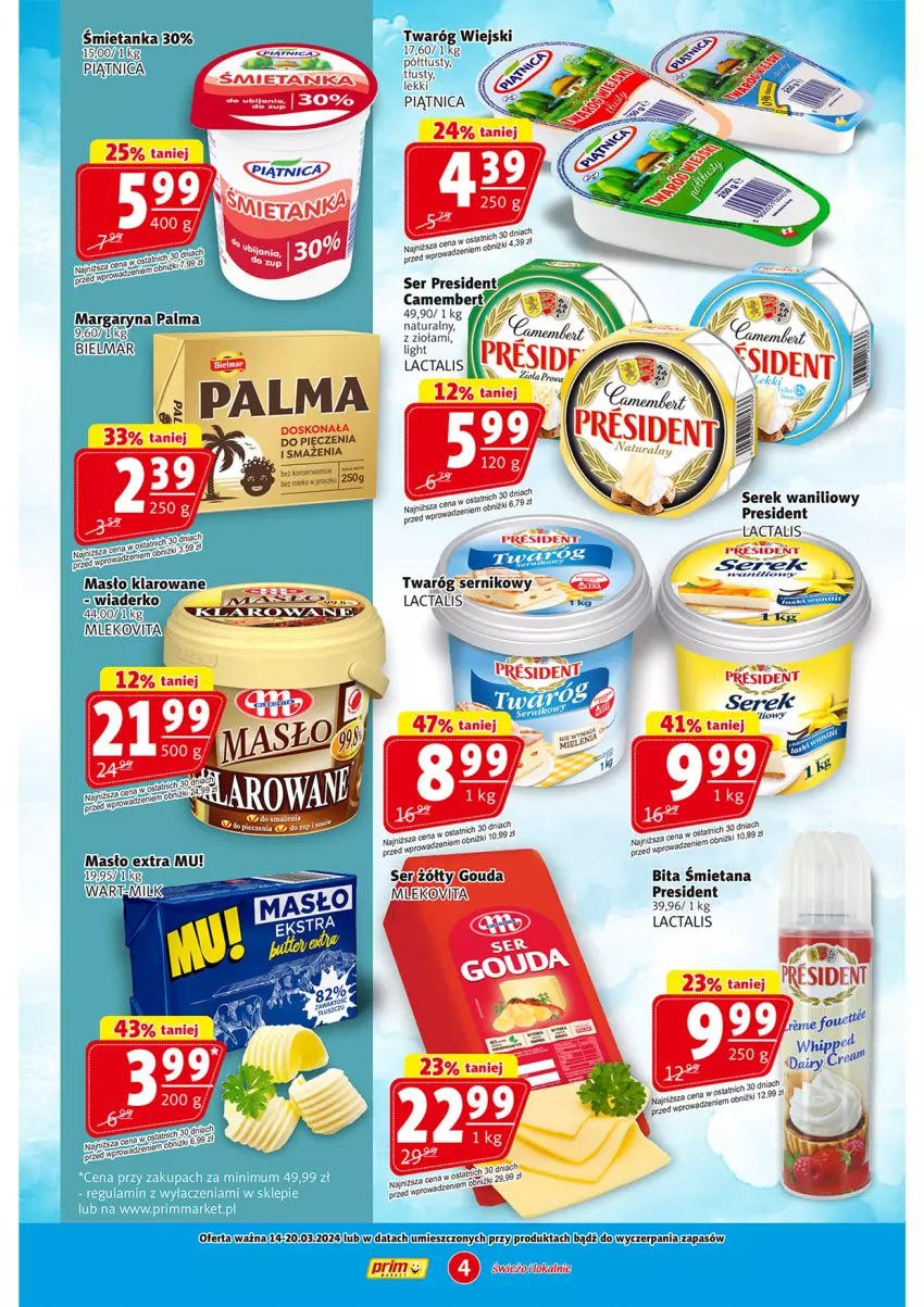 Gazetka promocyjna Prim Market - ważna 14.03 do 20.03.2024 - strona 4 - produkty: Camembert, Fa, Margaryna, Masło, Mleko, Mlekovita, Palma, Piątnica, Piec, Ser, Serek, Twaróg