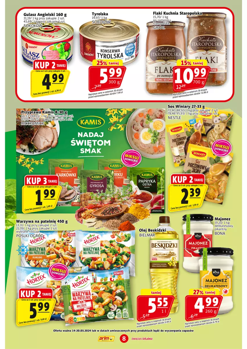 Gazetka promocyjna Prim Market - ważna 14.03 do 20.03.2024 - strona 8 - produkty: Beskidzki, Flaki, Gra, Graal, Kamis, Kuchnia, Majonez, Olej, Ser, Sok, Sokołów, Sos, Warzywa, Winiary