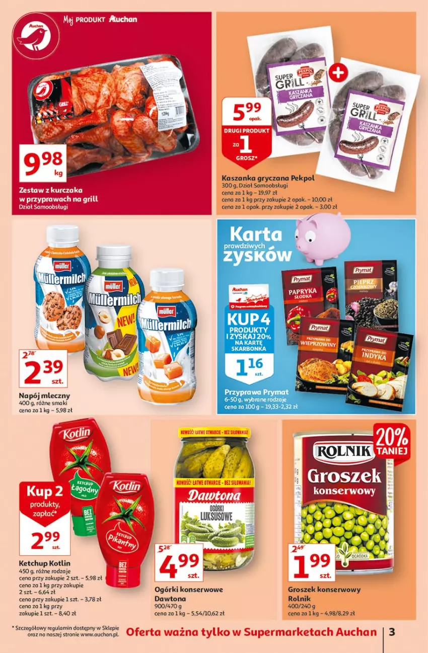 Gazetka promocyjna Auchan - Festiwal Cen Supermarkety - ważna 24.06 do 30.06.2021 - strona 3 - produkty: Dawtona, Groszek, Gry, Kasza, Kaszanka, Ketchup, Kotlin, Ogórki konserwowe, Pekpol, Rolnik, Ser