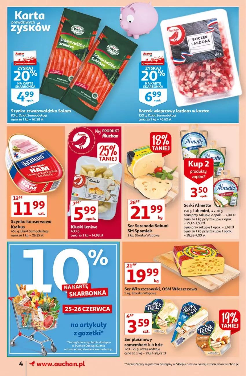 Gazetka promocyjna Auchan - Festiwal Cen Supermarkety - ważna 24.06 do 30.06.2021 - strona 4 - produkty: Almette, Babuni, Brie, Camembert, Krakus, Ser, Ser pleśniowy, Szynka, Szynka konserwowa, Włoszczowski