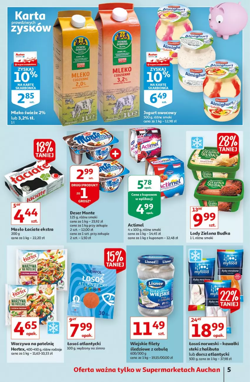 Gazetka promocyjna Auchan - Festiwal Cen Supermarkety - ważna 24.06 do 30.06.2021 - strona 5 - produkty: Actimel, Deser, Halibut, Hortex, Kawa, LG, Lody, Monte, Ser, Stek, Warzywa, Zielona Budka