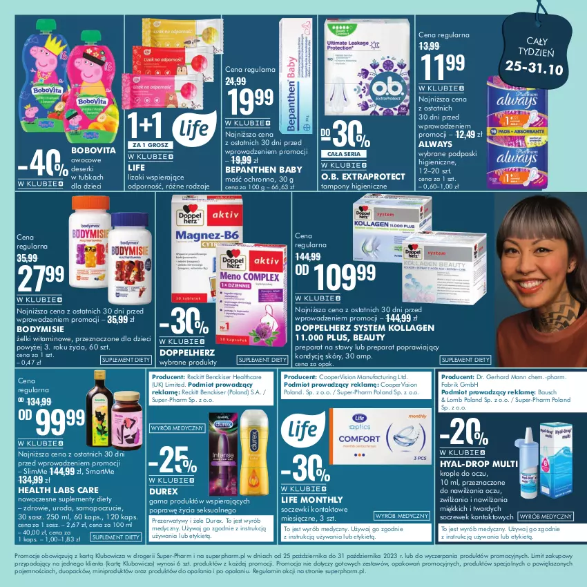 Gazetka promocyjna Super Pharm - Gazetka - ważna 25.10 do 31.10.2023 - strona 11 - produkty: Always, Bepanthen, BoboVita, Body, Deser, Doppelherz, Durex, Dzieci, Fa, Krople do oczu, Lizaki, Mop, O.B., Podpaski, Por, Prezerwatyw, Ser, Soczewki kontaktowe, Suplement diety, Tampony, Zdrowie