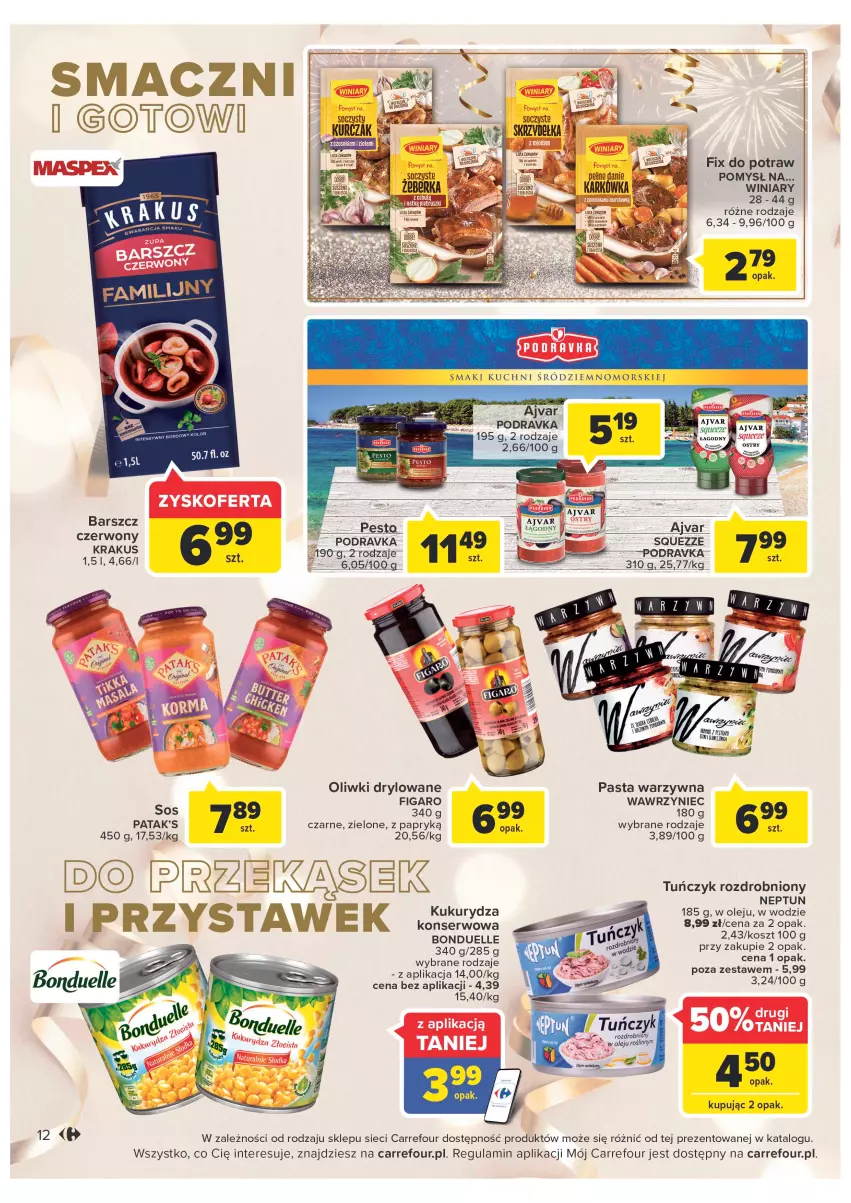 Gazetka promocyjna Carrefour - Gazetka Carrefour - ważna 27.12 do 31.12.2022 - strona 12 - produkty: Bonduelle, Kosz, Krakus, Olej, Oliwki, Pasta warzywna, Patak's, Podravka, Sos, Winiary