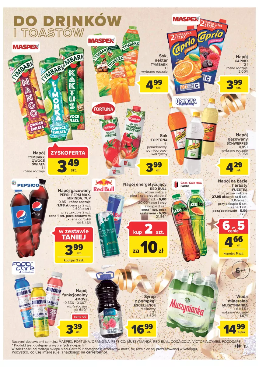 Gazetka promocyjna Carrefour - Gazetka Carrefour - ważna 27.12 do 31.12.2022 - strona 15 - produkty: 7up, Fa, Fortuna, Gin, Kosz, Mirinda, Mus, Muszynianka, Napój, Napój gazowany, Nektar, Owoce, Pepsi, Pepsi max, Red Bull, Schweppes, Sok, Syrop, Tymbark