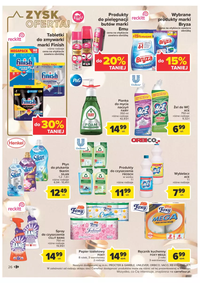 Gazetka promocyjna Carrefour - Gazetka Carrefour - ważna 27.12 do 31.12.2022 - strona 26 - produkty: BIC, Bryza, Cillit Bang, Do mycia naczyń, Fa, Fairy, Finish, Foxy, Frosch, Papier, Papier toaletowy, Płyn do płukania, Ręcznik, Ręcznik kuchenny, Rolki, Silan, Tablet, Zmywarki