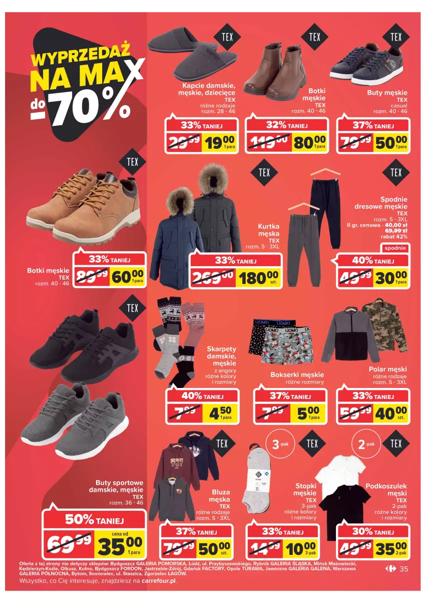 Gazetka promocyjna Carrefour - Gazetka Carrefour - ważna 27.12 do 31.12.2022 - strona 35 - produkty: Bluza, Bokserki, Botki, Buty, Dres, Dzieci, Fa, Kapcie, Karp, Kosz, Kurtka, Podkoszulek, Por, Ser, Sos, Spodnie, Spodnie dresowe, Sport