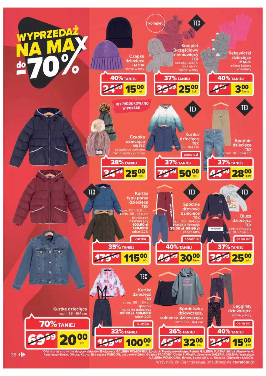 Gazetka promocyjna Carrefour - Gazetka Carrefour - ważna 27.12 do 31.12.2022 - strona 36 - produkty: Bluza, Czapka, Dzieci, Fa, Gin, Kurtka, Kurtka dziecięca, LANA, Legginsy, Narty, Parka, Płaszcz, Sos, Szal