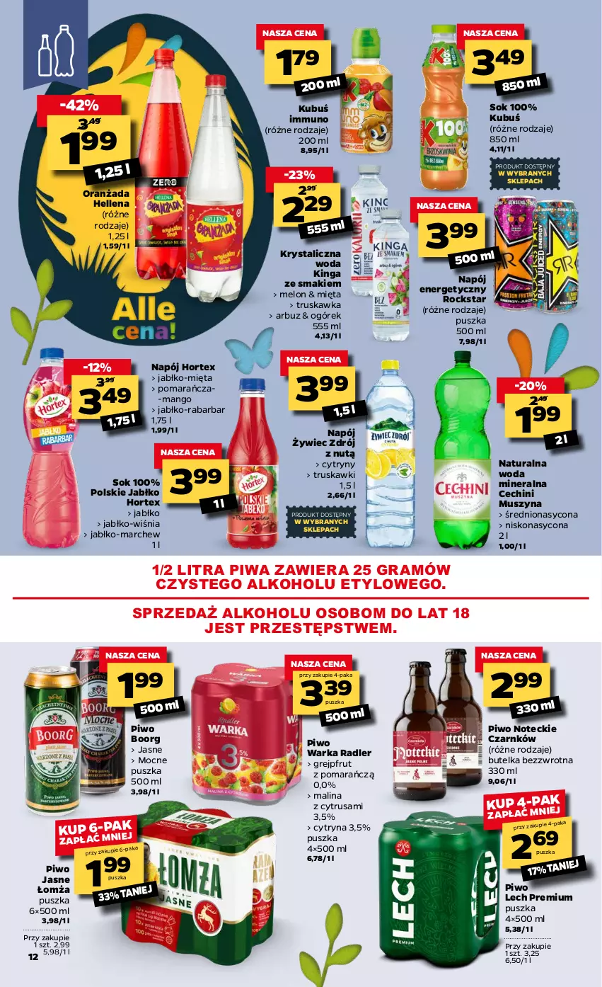 Gazetka promocyjna Netto - Gazetka spożywcza - ważna 15.03 do 20.03.2021 - strona 12 - produkty: Arbuz, Cytryny, Gra, Grejpfrut, Hellena, Hortex, Kubuś, Lech Premium, Mango, Melon, Mięta, Mus, Napój, Napój energetyczny, Ogórek, Oranżada, Piwa, Piwo, Piwo jasne, Radler, Sok, Szyna, Truskawki, Warka, Woda, Woda mineralna