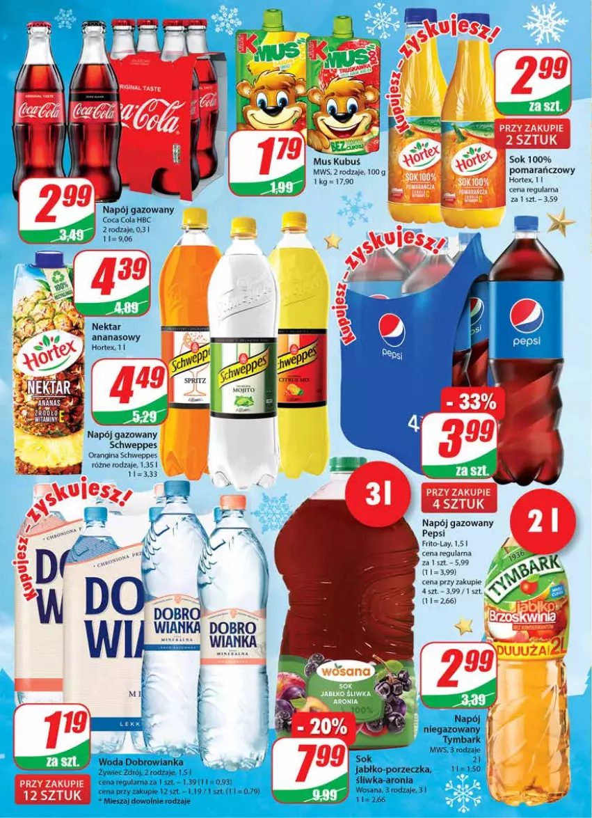 Gazetka promocyjna Dino - Gazetka - ważna 15.12 do 21.12.2021 - strona 2 - produkty: Aronia, Dobrowianka, Gin, Hortex, Kubuś, Mus, Napój, Napój gazowany, Pepsi, Por, Schweppes, Sok, Tymbark, Woda, Wosana