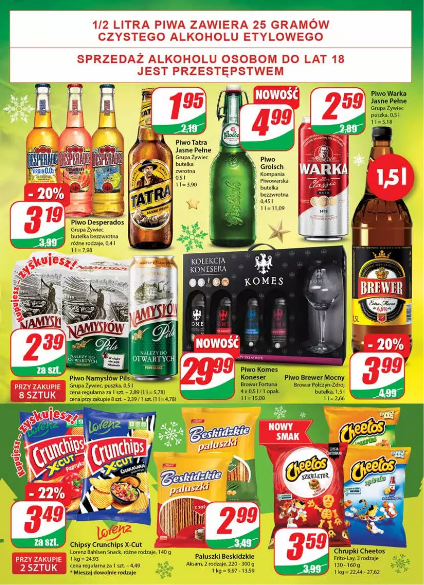 Gazetka promocyjna Dino - Gazetka - ważna 15.12 do 21.12.2021 - strona 20 - produkty: Aksam, Beskidzki, Cheetos, Chipsy, Chrupki, Crunchips, Desperados, Fortuna, Lorenz, Piwo, Ser, Tatra