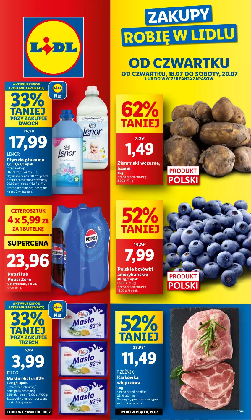 Gazetka promocyjna Lidl - GAZETKA - ważna 18.07 do 20.07.2024 - strona 1 - produkty: Karkówka wieprzowa, Lenor, Masło, Pepsi, Pilos, Płyn do płukania, Ziemniaki