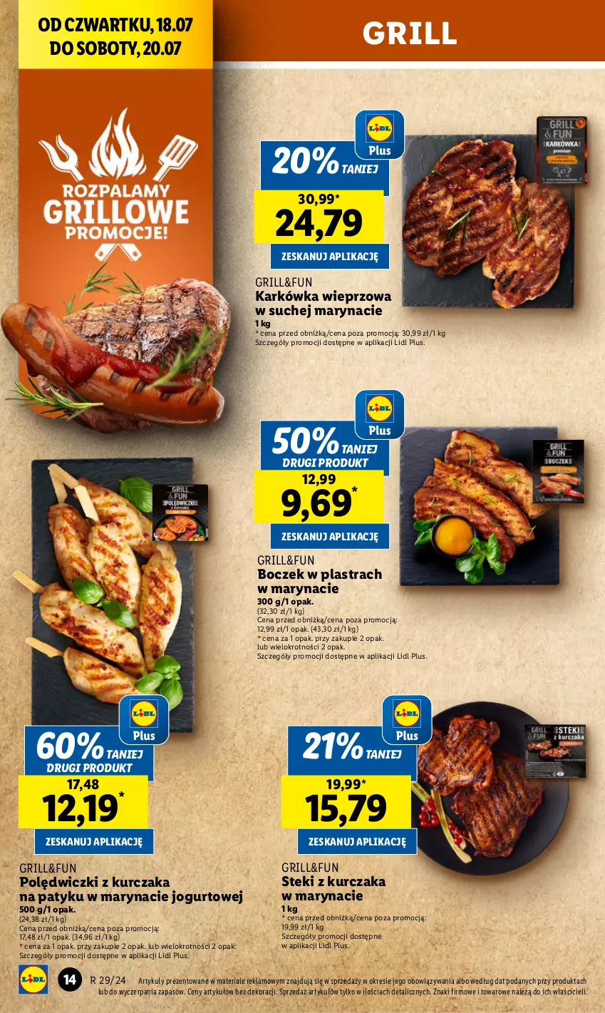 Gazetka promocyjna Lidl - GAZETKA - ważna 18.07 do 20.07.2024 - strona 18 - produkty: Boczek, Grill, Jogurt, Karkówka wieprzowa, Kurczak, Polędwiczki z kurczaka, Stek