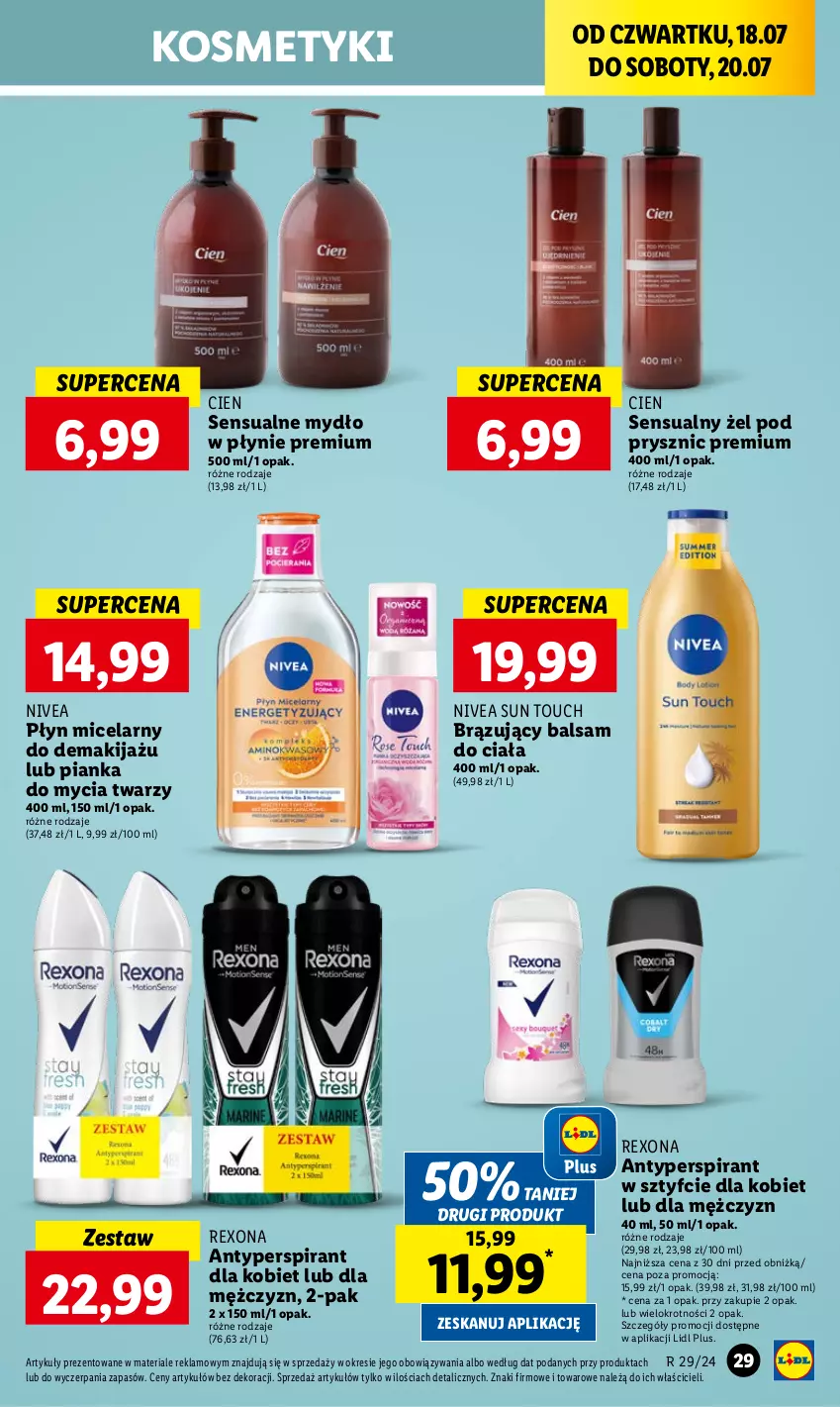 Gazetka promocyjna Lidl - GAZETKA - ważna 18.07 do 20.07.2024 - strona 37 - produkty: Antyperspirant, Balsam do ciała, Makijaż, Mydło, Mydło w płynie, Nivea, Pianka do mycia twarzy, Płyn micelarny, Rexona, Sensual