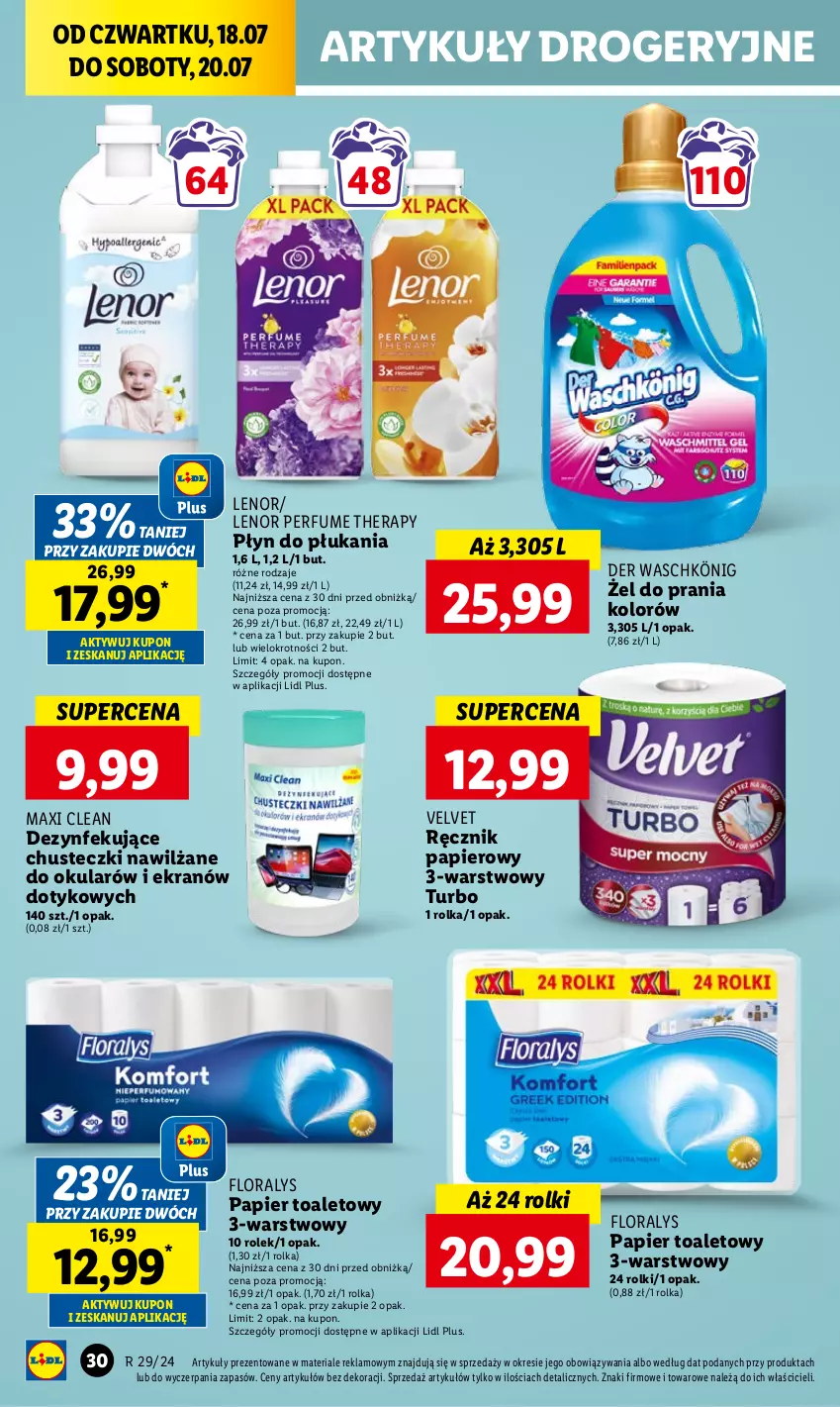 Gazetka promocyjna Lidl - GAZETKA - ważna 18.07 do 20.07.2024 - strona 40 - produkty: Chusteczki, Flora, König, Lenor, Papier, Papier toaletowy, Perfum, Płyn do płukania, Ręcznik, Rolki, Velvet