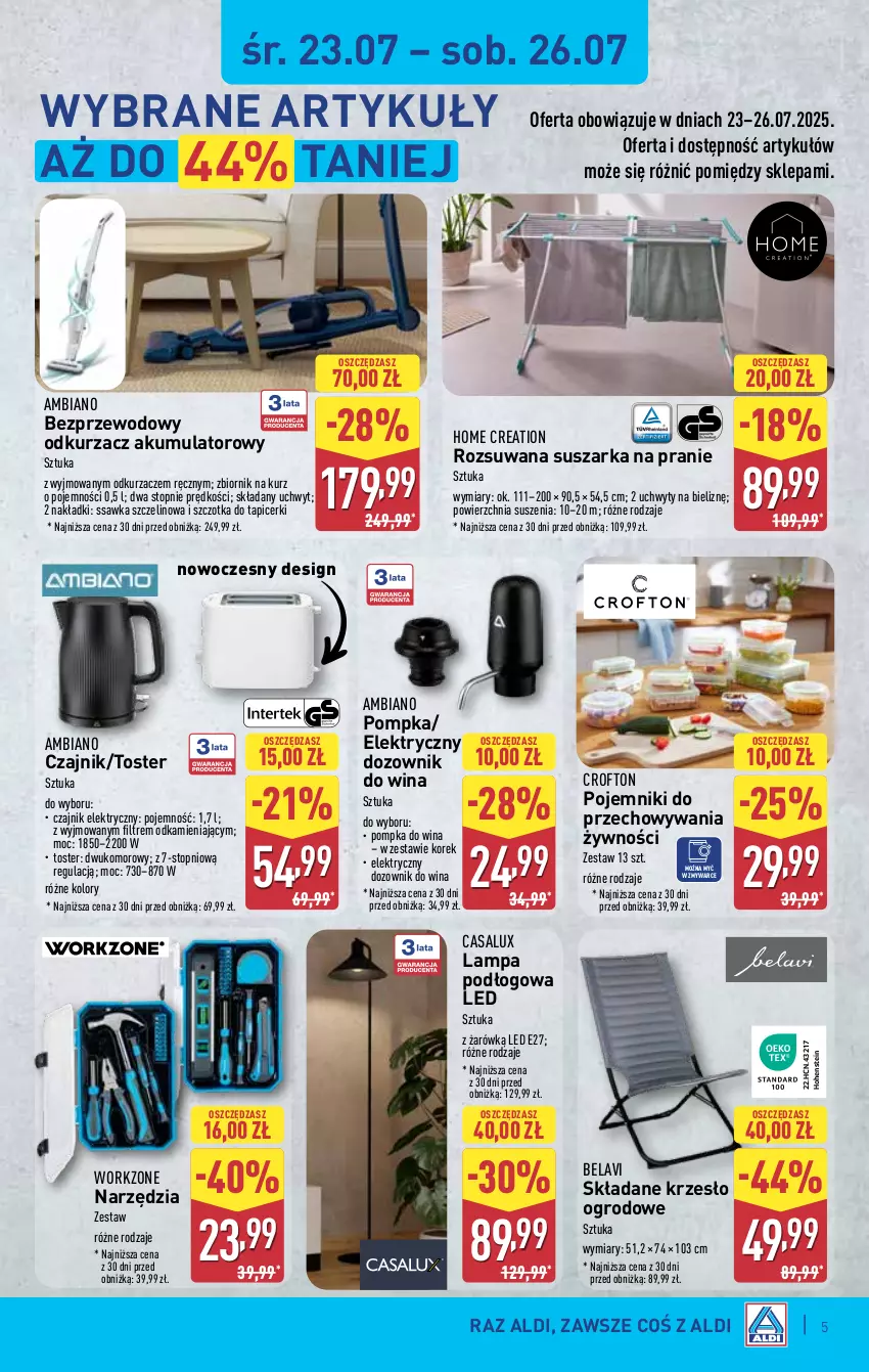 Gazetka promocyjna Aldi - Artykuły przemysłowe i tekstylia - ważna 23.07 do 26.07.2025 - strona 5 - produkty: Akumulator, Czajnik, Czajnik elektryczny, Dozownik, Krzesło, Krzesło ogrodowe, Lampa, Lampa podłogowa, Odkurzacz, Odkurzacze, Pojemnik, Pompka, Suszarka, Suszarka na pranie, Szczotka, Top, Toster, Uchwyty