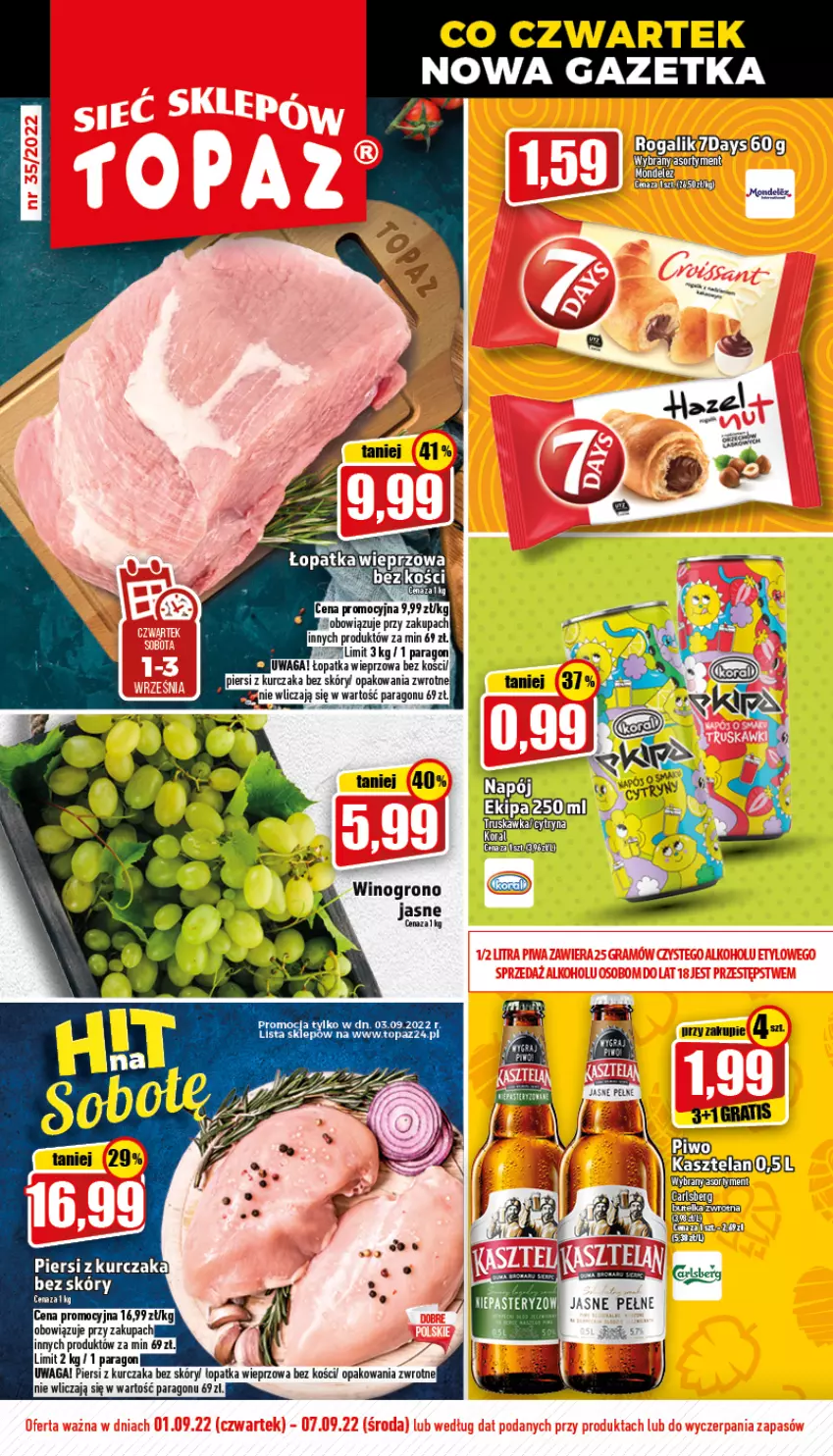 Gazetka promocyjna Topaz - Gazetka - ważna 01.09 do 07.09.2022 - strona 1 - produkty: Carlsberg, Gra, Kurczak, Rogal, Top, Waga, Wino