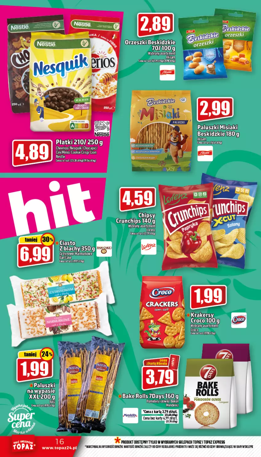 Gazetka promocyjna Topaz - Gazetka - ważna 01.09 do 07.09.2022 - strona 16 - produkty: Beskidzki, Cheerios, Cini Minis, LG, Lion, Nesquik, Orzeszki, Sok, Top