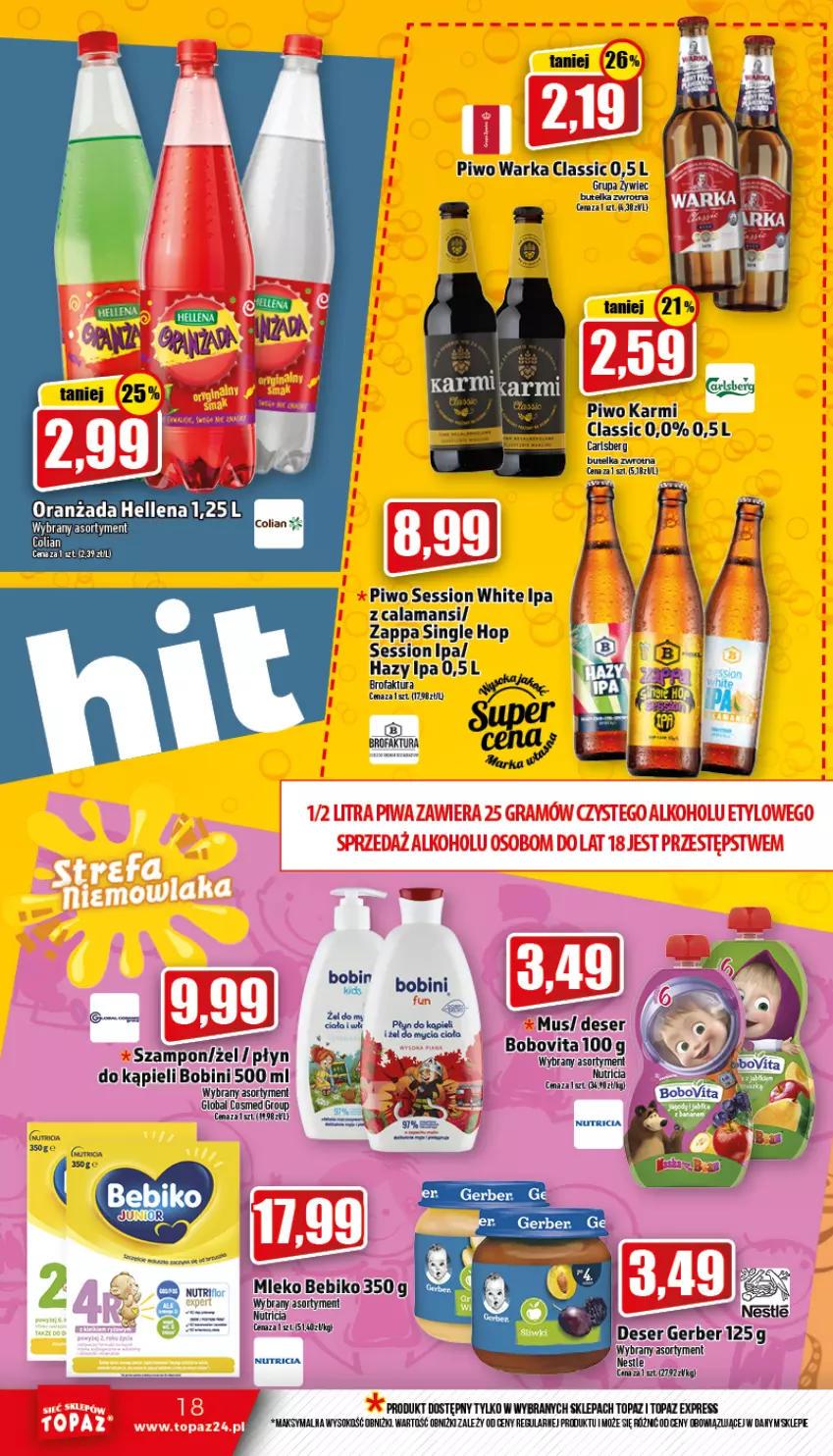 Gazetka promocyjna Topaz - Gazetka - ważna 01.09 do 07.09.2022 - strona 18 - produkty: Bebiko, Carlsberg, Deser, Fa, Gerber, Karmi, Mleko, Mus, Piwo, Ser, SESSIO, Sok, Szampon, Top, Warka