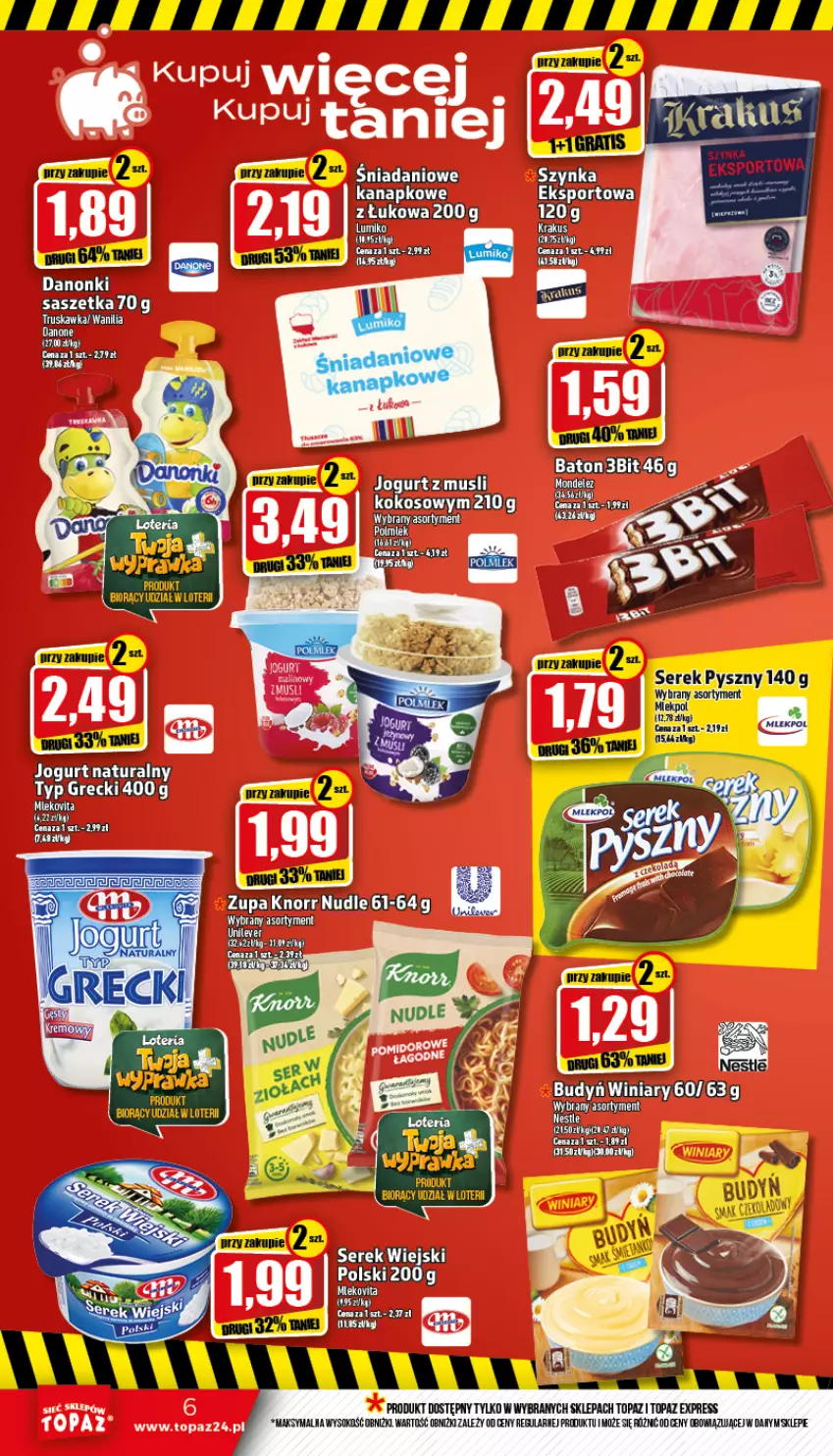 Gazetka promocyjna Topaz - Gazetka - ważna 01.09 do 07.09.2022 - strona 6 - produkty: Baton, Gra, Jogurt, Kokos, Mus, Polmiek, Por, Ser, Serek, Sok, Sport, Top