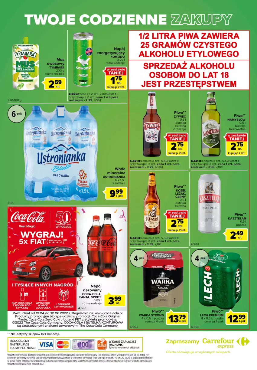 Gazetka promocyjna Carrefour - Gazetka Express - ważna 24.05 do 30.05.2022 - strona 6 - produkty: Coca-Cola, Fa, Fanta, Gin, Gra, Kasztelan, Kosz, Kozel, Lech Premium, Mus, Namysłów, Napój, Napój gazowany, Piwa, Piwo, Sprite, Stek, Tymbark, Warka, Woda