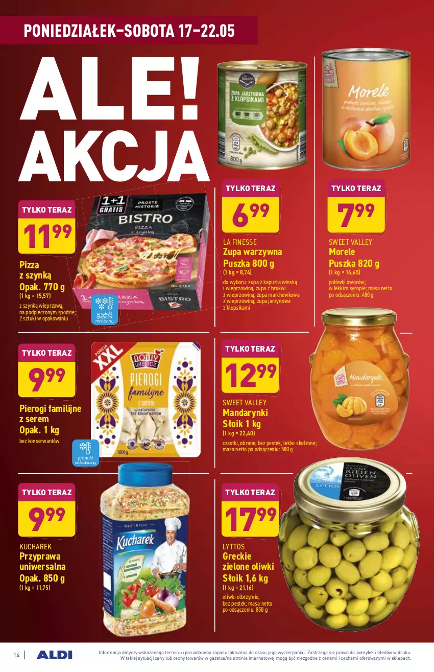 Gazetka promocyjna Aldi - ważna 17.05 do 22.05.2021 - strona 14 - produkty: Fa, Kapustą, Kucharek, Mandarynki, Oliwki, Piec, Pierogi, Pizza, Przyprawa uniwersalna, Ser, Stek, Syrop, Tera, Zupa