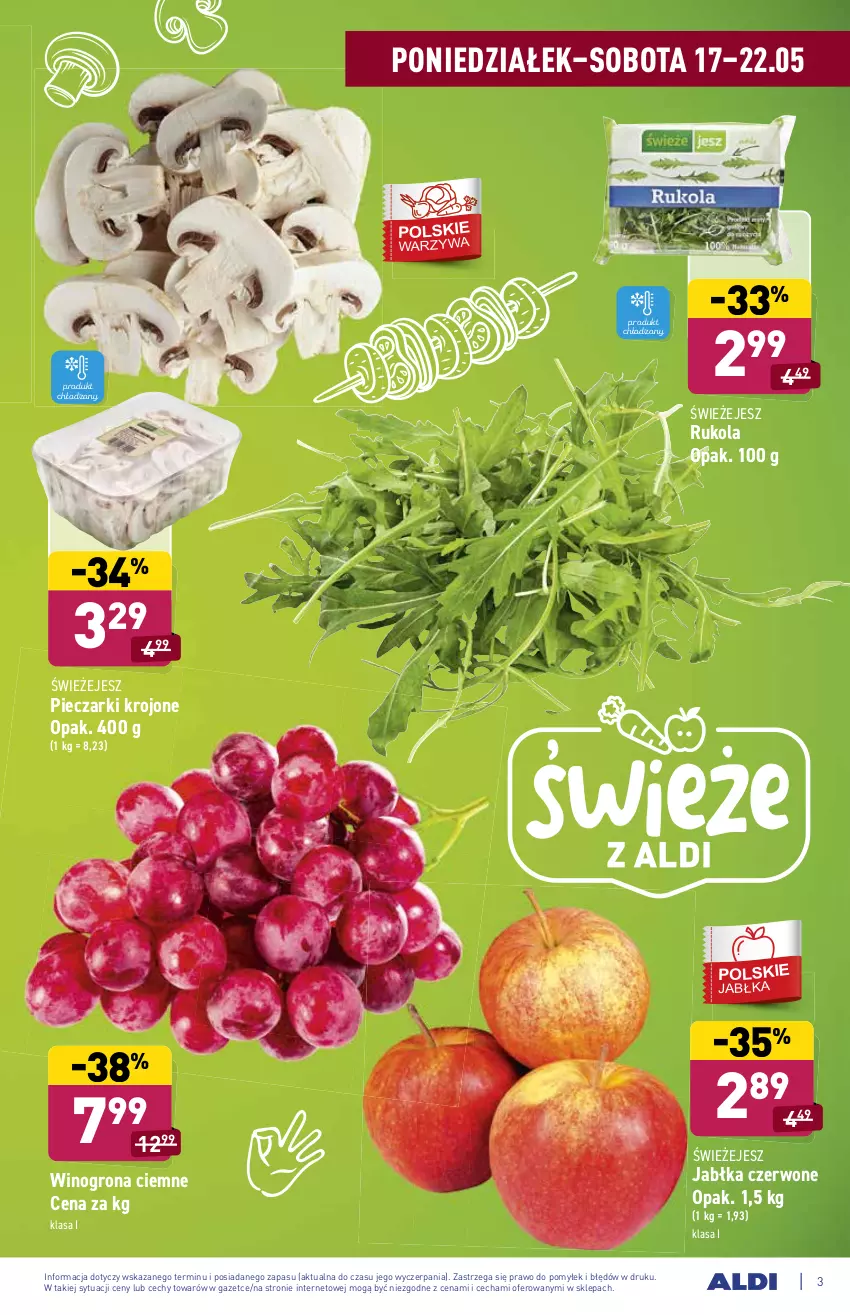 Gazetka promocyjna Aldi - ważna 17.05 do 22.05.2021 - strona 3 - produkty: Jabłka, Piec, Pieczarki krojone, Rukola, Wino, Winogrona