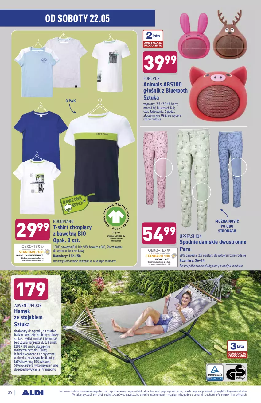 Gazetka promocyjna Aldi - ważna 17.05 do 22.05.2021 - strona 30 - produkty: Fa, Głośnik, Hama, Leżanka, Pocopiano, Por, Spodnie, Sport, Stojak, T-shirt, Torba, Tran, Wełna