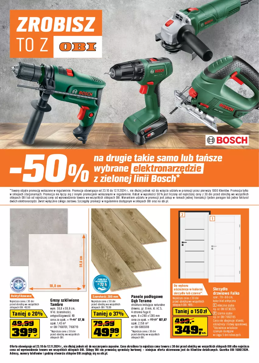 Gazetka promocyjna Obi - Gazetka OBI - ważna 23.10 do 12.11.2024 - strona 1 - produkty: Bosch, Dres, Drzwi, Fa, Gres, Por, Rama, Skrzydło drzwiowe, Sok, Telefon, Tera, Tran