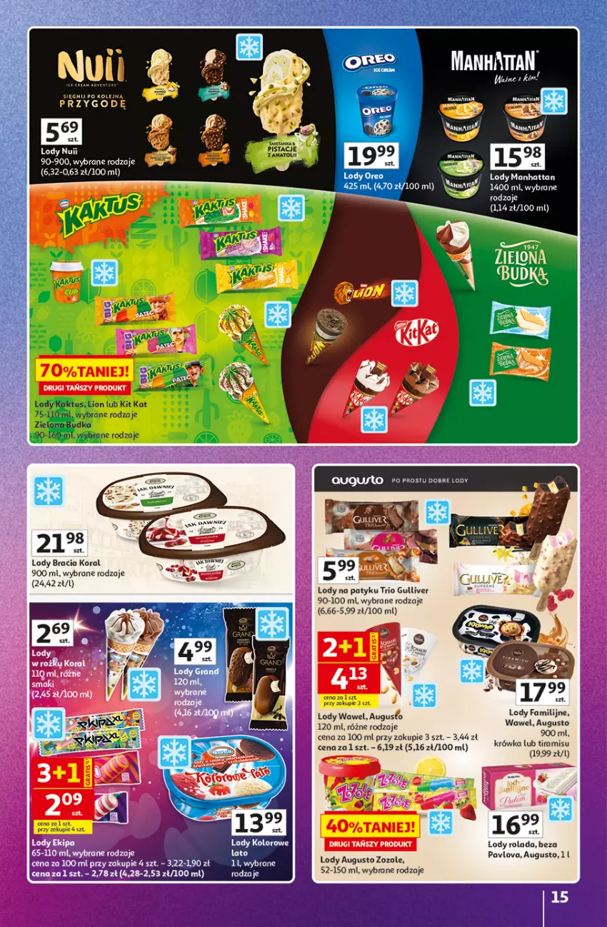 Gazetka promocyjna Auchan - Gazetka Znane Marki Hipermarket Auchan - ważna 11.06 do 17.06.2026 - strona 15 - produkty: Kaktus, Kit Kat, Lion, Lody, Olej, Pistacje, Rolada, Wawel