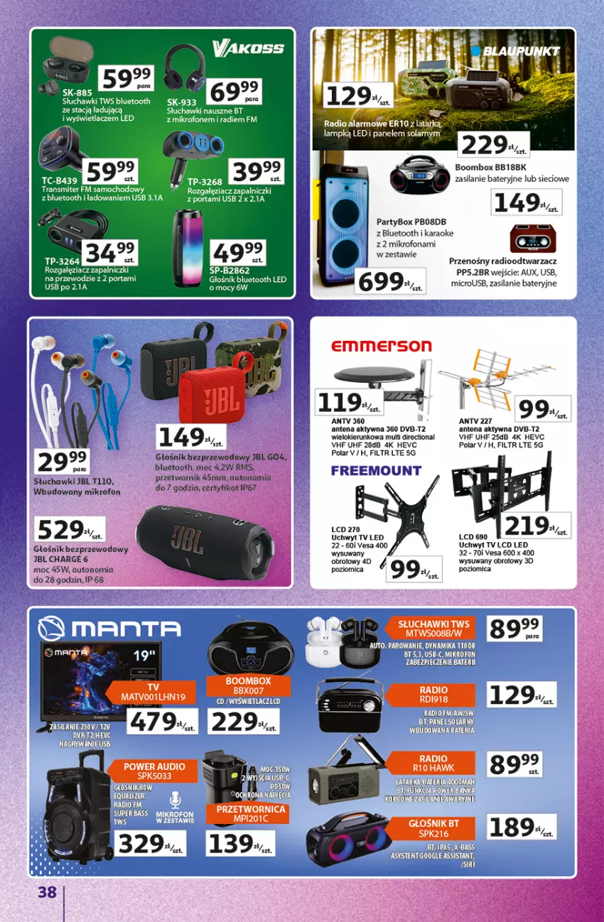 Gazetka promocyjna Auchan - Gazetka Znane Marki Hipermarket Auchan - ważna 11.06 do 17.06.2026 - strona 38 - produkty: Bateria, Głośnik, Głośnik bluetooth, Gra, JBL, Mikrofon, Por, Power audio, Poziomica, Radioodtwarzacz, Silan, Słuchawki, Tran, Transmiter
