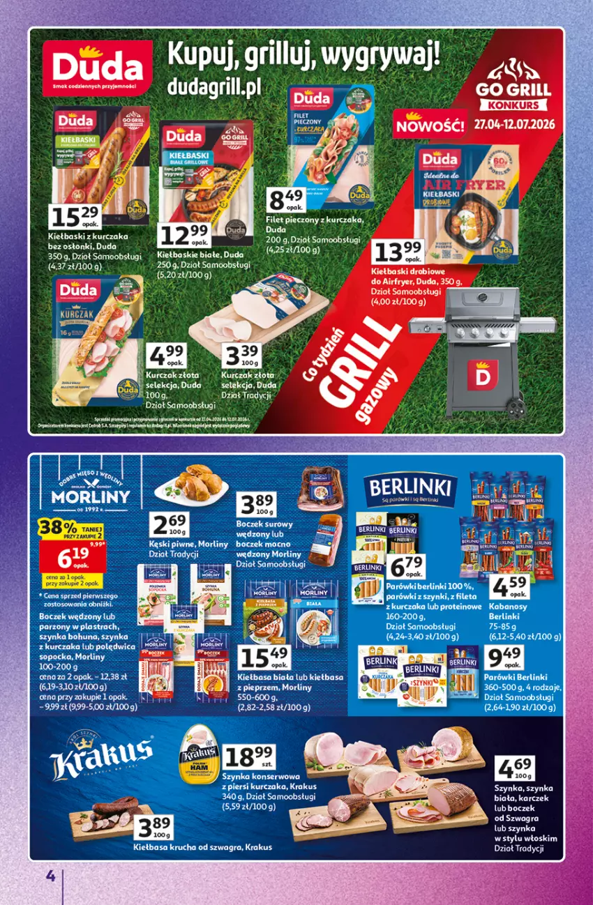 Gazetka promocyjna Auchan - Gazetka Znane Marki Hipermarket Auchan - ważna 11.06 do 17.06.2026 - strona 4 - produkty: Berlinki, Duda, Gra, Grill, Kiełbasa, Kiełbasa krucha, Krakus, Kurczak, Parówki, Rama, Ser, Szynka, Szynka konserwowa
