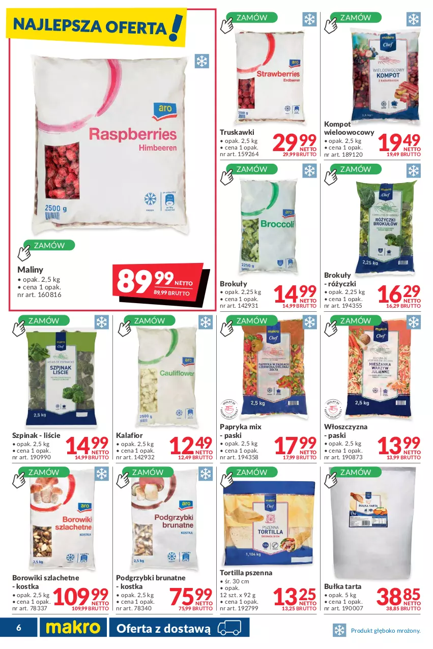 Gazetka promocyjna Makro - [Oferta promocyjna] Dostawa - ważna 31.05 do 27.06.2022 - strona 6 - produkty: Borowiki, Borowiki szlachetne, Brokuły, Bułka, Bułka tarta, Kalafior, Maliny, Papryka, Podgrzybki, Szpinak, Tarta, Tortilla, Truskawki