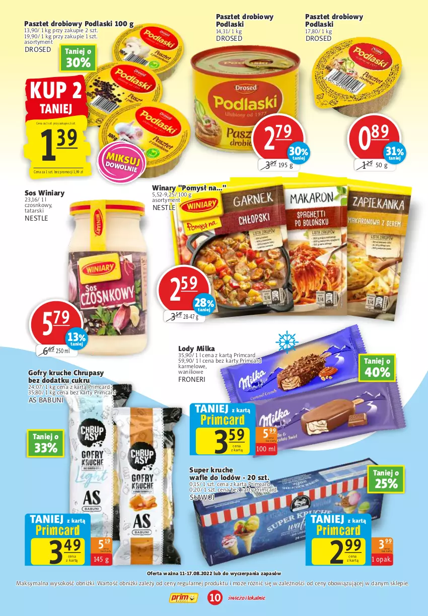 Gazetka promocyjna Prim Market - ważna 11.08 do 17.08.2022 - strona 10 - produkty: Babuni, Gofry, Lody, Milka, Pasztet, Podlaski, Sok, Sos, Winiary