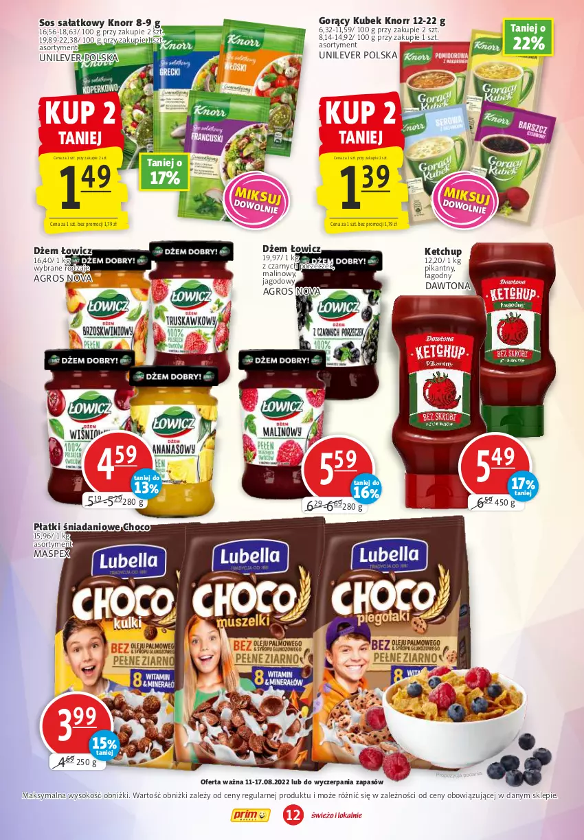 Gazetka promocyjna Prim Market - ważna 11.08 do 17.08.2022 - strona 12 - produkty: Danio, Dawtona, Dżem, Ketchup, Knorr, Kubek, Por, Sałat, Sok, Sos