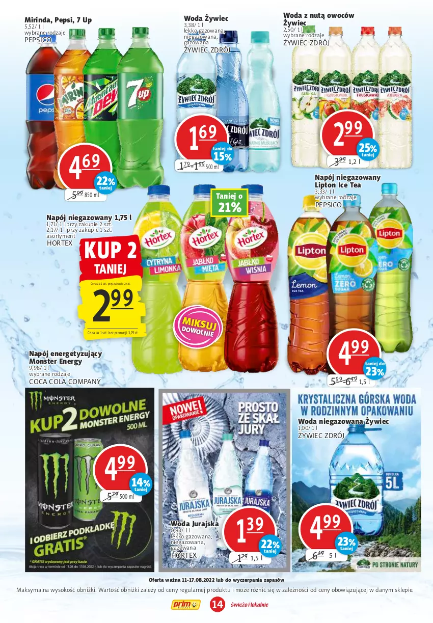 Gazetka promocyjna Prim Market - ważna 11.08 do 17.08.2022 - strona 14 - produkty: Hortex, Ice tea, Lipton, Mirinda, Napój, Napój niegazowany, Pepsi, Sok, Woda, Woda niegazowana