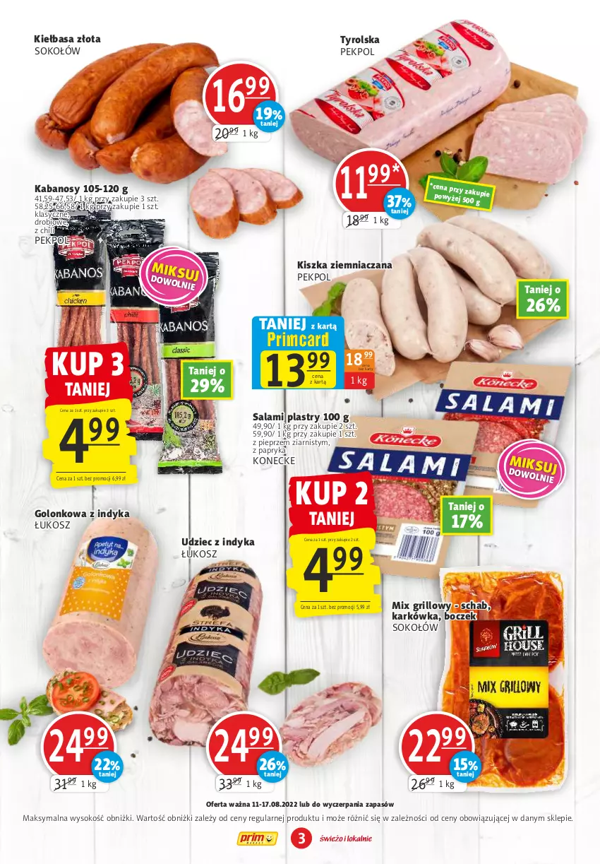 Gazetka promocyjna Prim Market - ważna 11.08 do 17.08.2022 - strona 3 - produkty: Boczek, Grill, Kabanos, Kiełbasa, Kosz, Papryka, Pekpol, Pieprz, Salami, Sok, Sokołów, Udziec z indyka