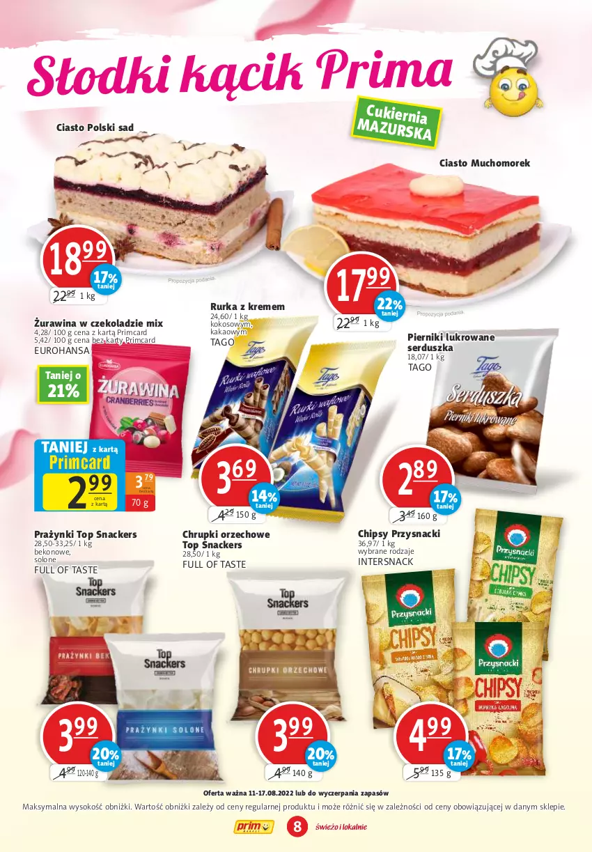 Gazetka promocyjna Prim Market - ważna 11.08 do 17.08.2022 - strona 8 - produkty: Beko, Chipsy, Chrupki, Cukier, Kakao, Kokos, Piernik, Przysnacki, Ser, Sok, Tago, Top