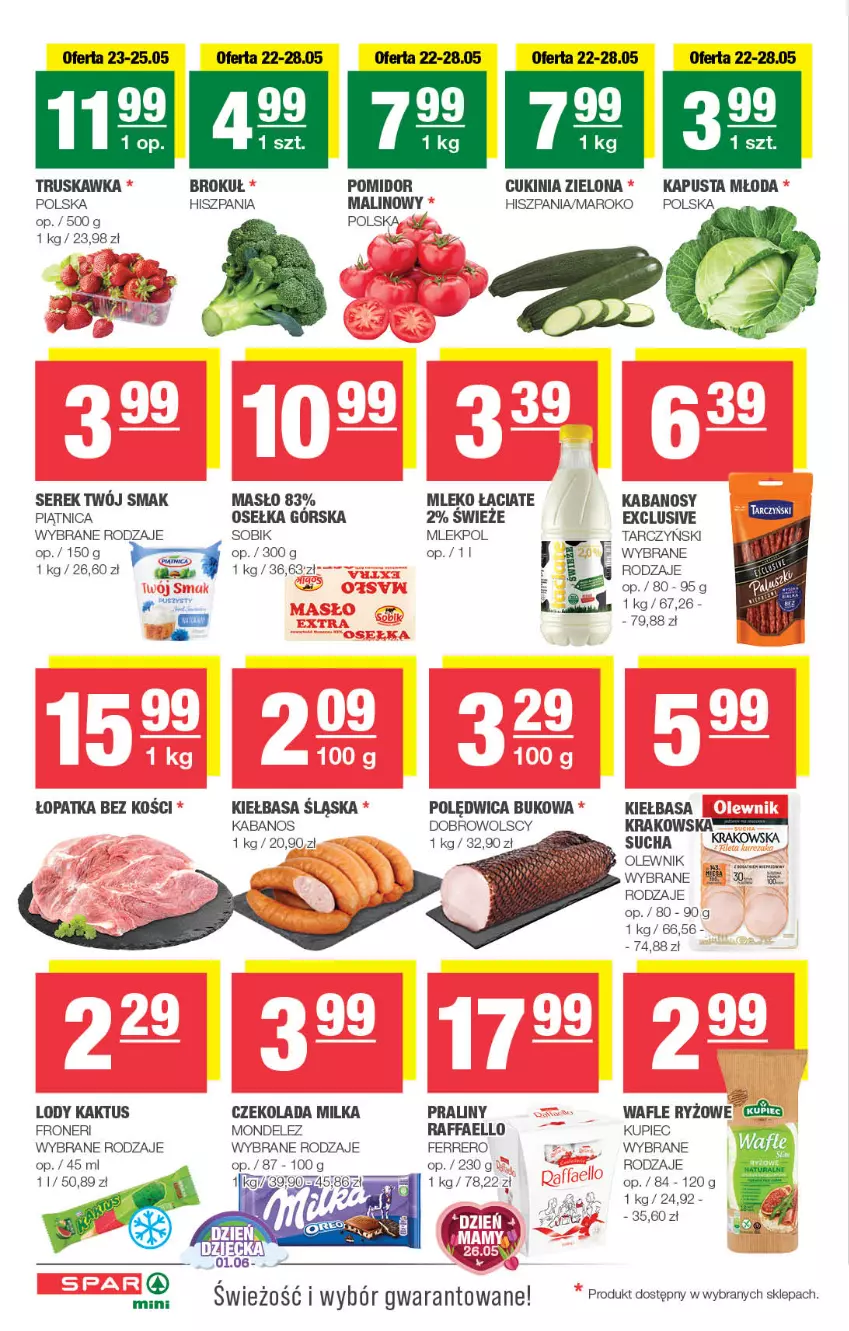 Gazetka promocyjna Spar - Spar-Mini - ważna 19.05 do 29.05.2024 - strona 2 - produkty: Czekolada, Fa, Ferrero, Kabanos, Kaktus, Kiełbasa, Kiełbasa śląska, Kupiec, Lody, Masło, Milka, Mleko, Olewnik, Piątnica, Piec, Polędwica, Praliny, Raffaello, Ryż, Ser, Serek, Tarczyński, Twój Smak, Wafle