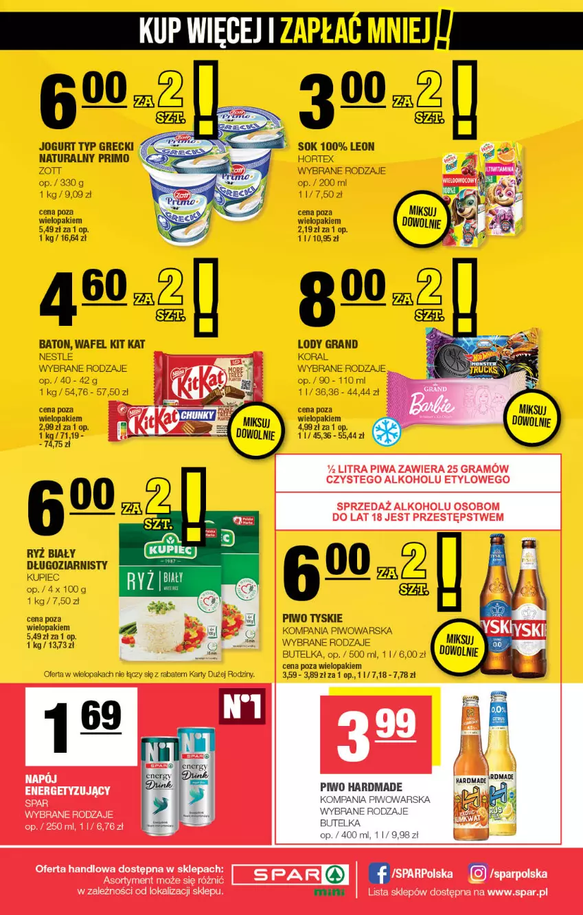 Gazetka promocyjna Spar - Spar-Mini - ważna 19.05 do 29.05.2024 - strona 4 - produkty: Baton, Gra, Hortex, Jogurt, Kit Kat, Kupiec, Leon, Lody, Piec, Piwa, Piwo, Ryż, Ryż biały, Sok, Tyskie, Zott