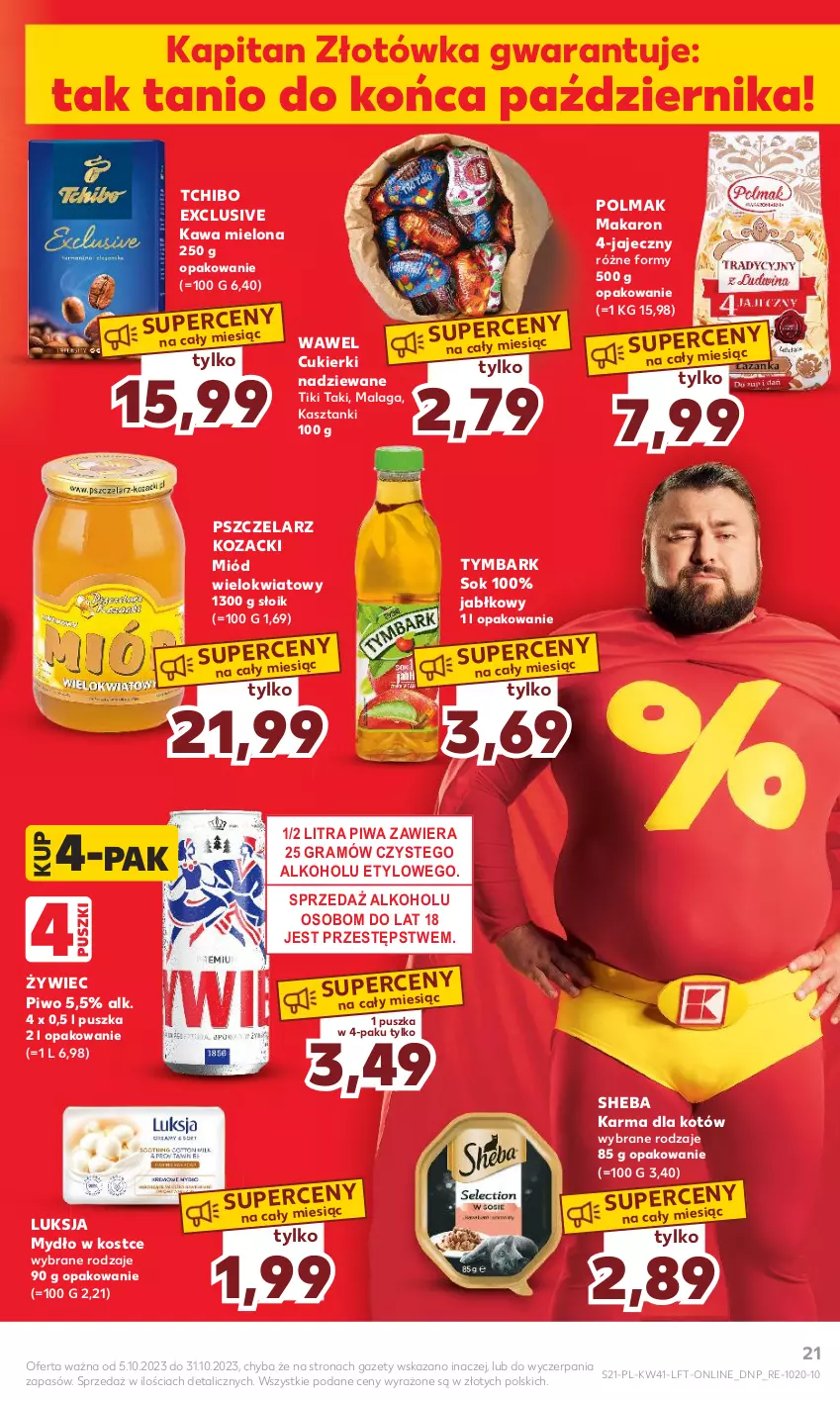 Gazetka promocyjna Kaufland - Gazetka tygodnia - ważna 12.10 do 18.10.2023 - strona 21 - produkty: Cukier, Cukierki, Cukierki nadziewane, Gra, Kawa, Kawa mielona, Luksja, Makaron, Miód, Mydło, Olma, Piwa, Piwo, Sheba, Sok, Tchibo, Tymbark, Wawel