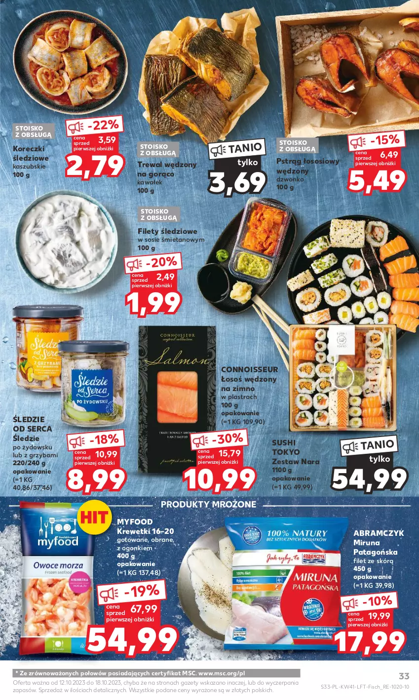 Gazetka promocyjna Kaufland - Gazetka tygodnia - ważna 12.10 do 18.10.2023 - strona 33 - produkty: Kawa, Koreczki śledziowe, Krewetki, Miruna, Produkty mrożone, Pstrąg, Pstrąg łososiowy, Ser, Sos, Sushi, Tago, Wałek