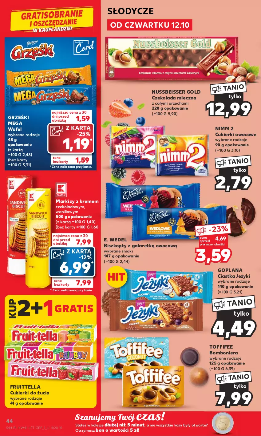 Gazetka promocyjna Kaufland - Gazetka tygodnia - ważna 12.10 do 18.10.2023 - strona 44 - produkty: Biszkopty, Bomboniera, Ciastka, Cukier, Cukierki, Czekolada, Czekolada mleczna, E. Wedel, Gala, Goplana, Gra, Grześki, Jeżyki, LANA, Olej, Ser, Toffifee