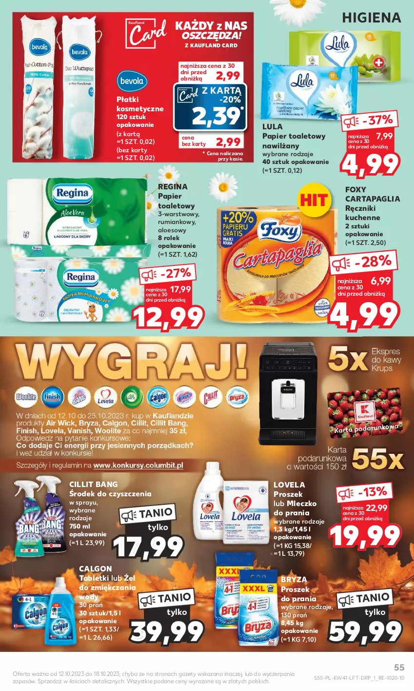 Gazetka promocyjna Kaufland - Gazetka tygodnia - ważna 12.10 do 18.10.2023 - strona 55 - produkty: Bryza, Calgon, Cillit Bang, Foxy, Gin, LG, Lovela, Mleczko, Mleczko do prania, Papier, Papier toaletowy, Płatki kosmetyczne, Proszek do prania, Ręcznik, Rum, Tablet