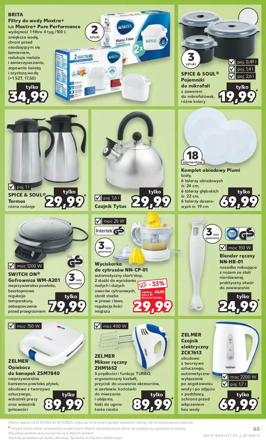 Gazetka promocyjna Kaufland - Gazetka tygodnia - ważna 12.10 do 18.10.2023 - strona 65 - produkty: Blender, Blender ręczny, Brit, Brita, Czajnik, Czajnik elektryczny, Deser, Fa, Gofrownica, Gra, Komplet obiadowy, Mikser, Mikser ręczny, Noż, Opiekacz do kanapek, Piec, Pojemnik, Pur, Ser, Talerz, Termos, Top, Wyciskarka, Zelmer