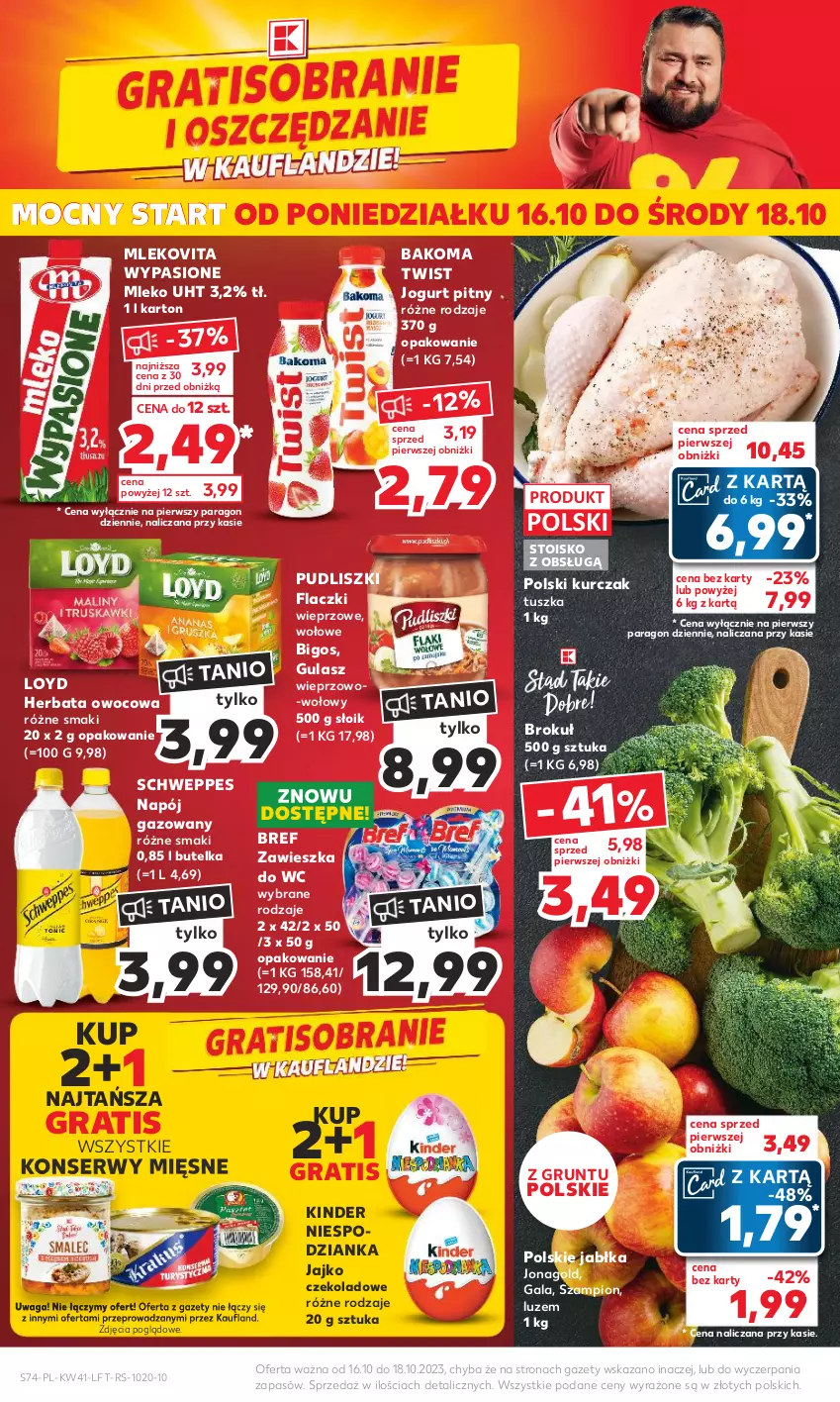 Gazetka promocyjna Kaufland - Gazetka tygodnia - ważna 12.10 do 18.10.2023 - strona 74 - produkty: Bakoma, Bigos, Bref, Gala, Gra, Grunt, Herbata, Herbata owocowa, Jabłka, Jogurt, Jogurt pitny, Jonagold, Kinder, Kurczak, Loyd, Mleko, Mlekovita, Napój, Napój gazowany, Pudliszki, Schweppes, Ser, Szampion, Tusz, Waga, Zawieszka do wc